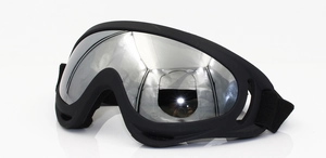 Detail view of X400 windproof goggles featuring silver mirrored lenses and black frame
