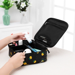 Portable Cosmetic Bag Travel Toiletry Organizer Waterproof Nylon Large Capacity With Handle Compartment Flamingo Lemon Pattern