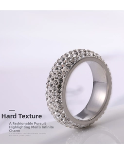 Detailed close-up of a silver titanium steel ring featuring five rows of pavé crystals