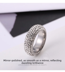 Detailed macro view of multi-row pavé crystals and mirror-polished titanium steel ring