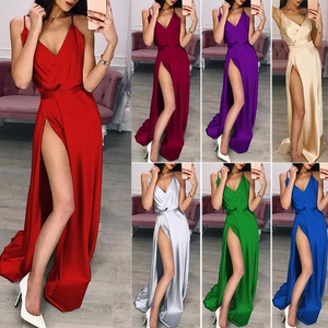 Satin V-Neck Spaghetti Strap High Slit Maxi Dress Elegant Evening Party Gown For Women Sexy Floor Length