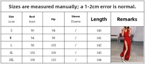 Size chart detail for the V-neck split maxi dress showing measurements from S to 2XL