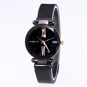 Detail of starry dial ladies watch with calendar window and black mesh band
