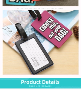 Close-up of PVC luggage tags with 'EXCUSE me, not your BAG!' slogan and information card
