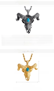 Detailed view of ram skull pendant necklace with turquoise stone inlay and dimensions
