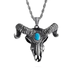Ram Skull Pendant Stainless Steel Turquoise Inlay Gothic Punk Satanic Style Jewelry Accessory For Men
