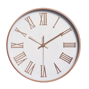 12-inch rose gold wall clock with grey dial and 3D Roman numerals for living room decor