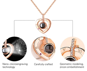 Detail view of rose gold heart necklace with nano-engraving and zircon embellishments