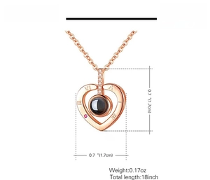 Detailed specs of rose gold heart projection necklace showing 18 inch chain and 0.7 inch pendant