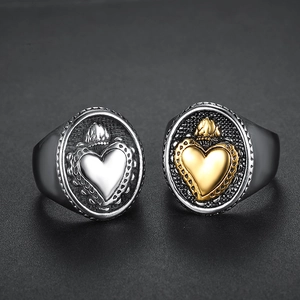 Vintage stainless steel sacred heart rings with crown design in gold and silver finish