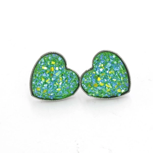 Sparkling heart-shaped stainless steel stud earrings with colorful green crystal clusters