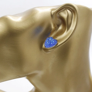 Sparkling blue heart-shaped stainless steel drusy stud earrings for daily wear