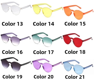 Selection of nine candy-colored rimless sunglasses in shades from color 13 to 21