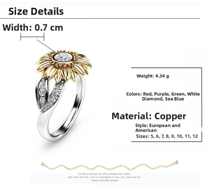 Macro shot of two-tone flower ring with golden petals and dimensions 0.7cm width