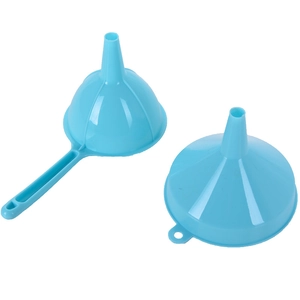 Blue plastic kitchen funnel set with long handle and hanging hole for liquid transfer