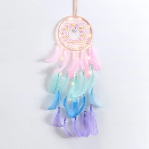 Hot air balloon dream catcher with gradient feathers and LED lights for wall decoration