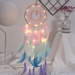 Hot air balloon dream catcher with colorful feathers and warm LED fairy lights for gifts