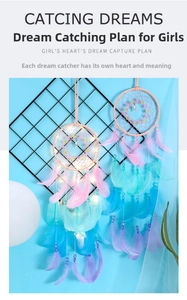 Detail of handmade bohemian dreamcatcher with colorful feathers and LED string lights