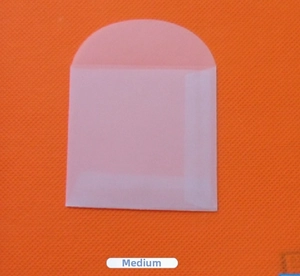 Close-up of a small translucent vellum paper envelope with a curved top opening