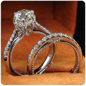 Élégant Ensemble De Bagues En Cuivre Et Zirconia Pour Femmes Ton Argent Bague De Fiançailles Coupe Ronde Et Alliance Assortie