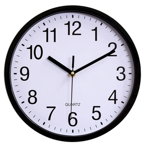 Classic 10 inch round quartz wall clock with black frame and clear Arabic numerals