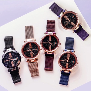 Collection of five women's starry sky quartz watches with magnetic mesh straps and Roman dials