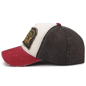 Vintage distressed baseball cap with crown patch and tricolor red white grey panels