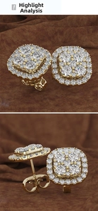 Macro detail of square gold-plated stud earrings with pavé set cubic zirconia and butterfly back