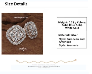 Detailed size specifications for square pavé earrings in silver with dimension markings