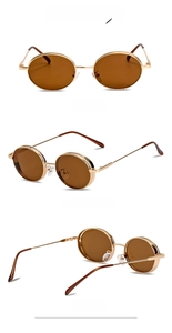 Three-angle view of vintage oval gold metal sunglasses with brown lenses on white backdrop