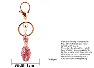 Detailed dimensions of pink rhinestone bowling ball keychain in gold-plated zinc alloy