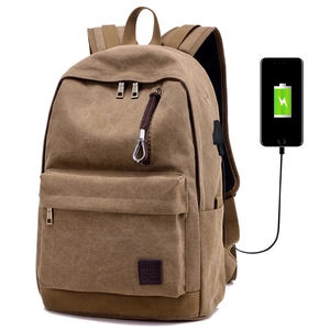 Zaino marrone in tela con porta USB e design vintage per scuola e viaggio all'aperto