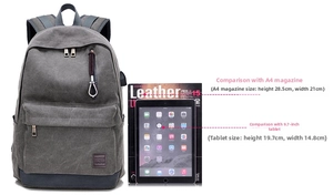 Dettaglio della capacità dello zaino confrontata con rivista A4 e un tablet