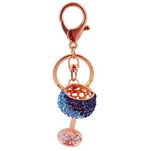 Rose gold wine glass keychain with gradient blue crystals for bags and car keys