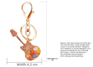 Detailed size specifications for rose gold guitar keychain with colorful cat eye stones