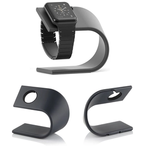 Detail view of the black aluminum U-shaped charging stand for Apple Watch Series 9 8 7