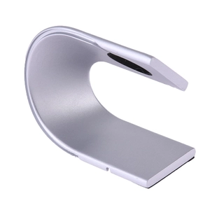 Close-up of silver C-shaped aluminum alloy charging stand for Apple Watch on white background