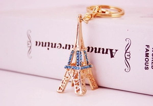 Détail macro du porte-clés tour Eiffel avec strass bleus sur un livre ancien