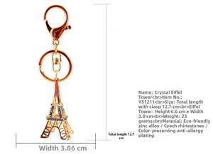 Détail du porte-clés Tour Eiffel avec strass bleus et fermoir mousqueton robuste