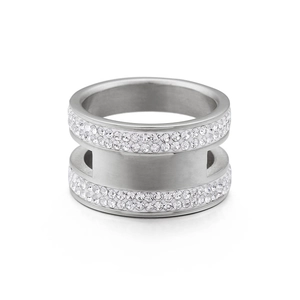 Bague en acier inoxydable argenté avec double rangée de cristaux et design H évidé élégant