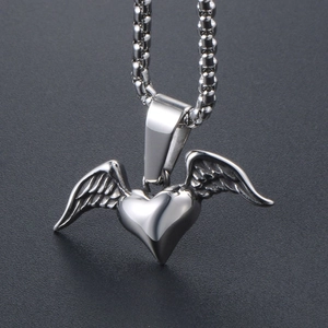 Retro stainless steel necklace with a polished heart wing pendant on a dark background