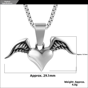 Detailed view of heart with wings pendant measuring 29.1mm by 13.7mm on silver chain