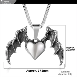 Detailed view of heart pendant with bat wings and box chain showing dimensions