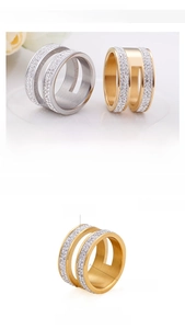 Détail de l'incrustation de zircon double rang de 15mm et de la bague en acier doré 18K