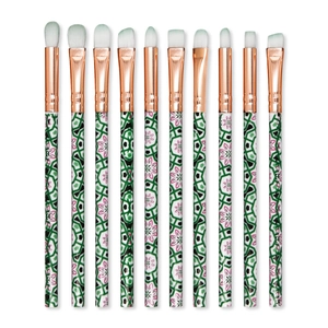 10-teiliges Make-up-Pinsel-Set mit grün-rosa geometrischem Blumenmuster und roségoldenen Hülsen