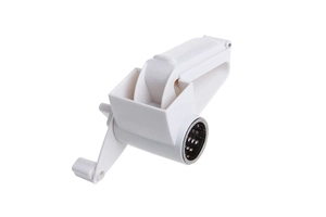Macro detail of manual rotary cheese grater with white plastic housing and steel drum