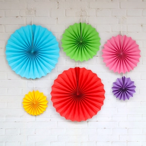 Set of 6 colorful paper fan decorations in blue, green, pink, red, yellow and purple