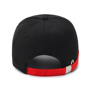 Black baseball cap with red embroidered strap and metal buckle closure, rear view display