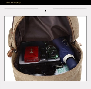 Interior view of khaki canvas backpack showing large capacity and multi-pocket storage