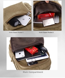 Detailed interior compartments of washed canvas backpack showing organized storage space